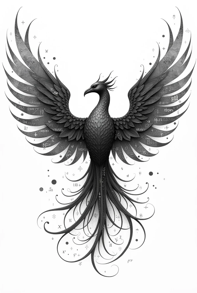 Mathematical Phoenix: A phoenix with its wings composed of mathematical formulas and symbols. How the phoenix is a symbol of rebirth and resilience, it can represent the constant evolution of mathematical knowledge. black on white with lots of details