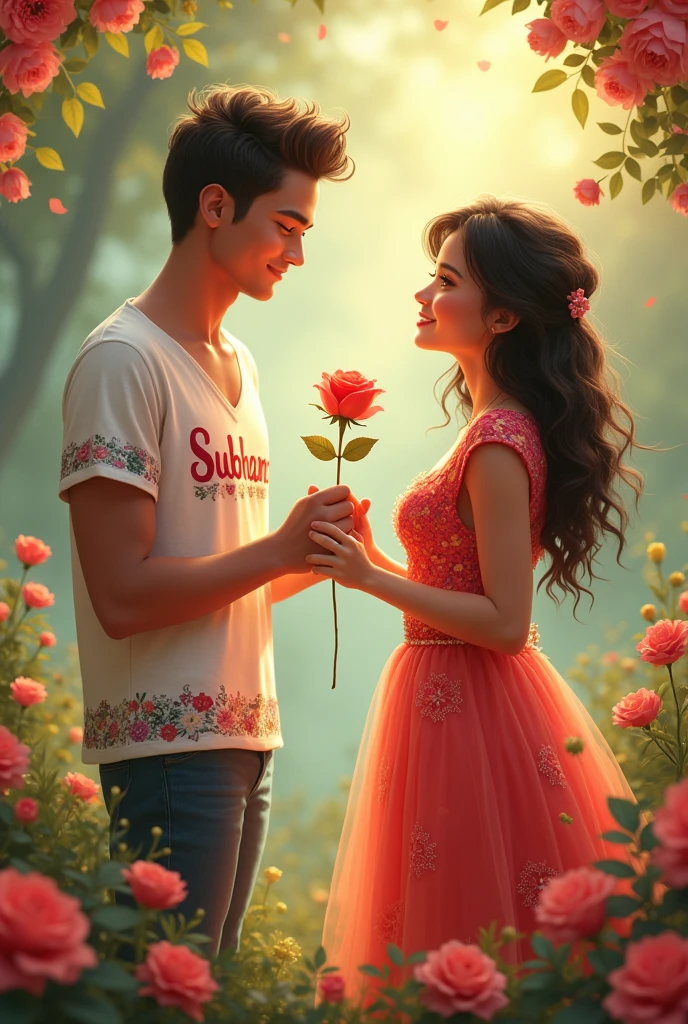 A 23 year boy wear subham name print dress give rose to a 23 year girl wear Karisma name print dress