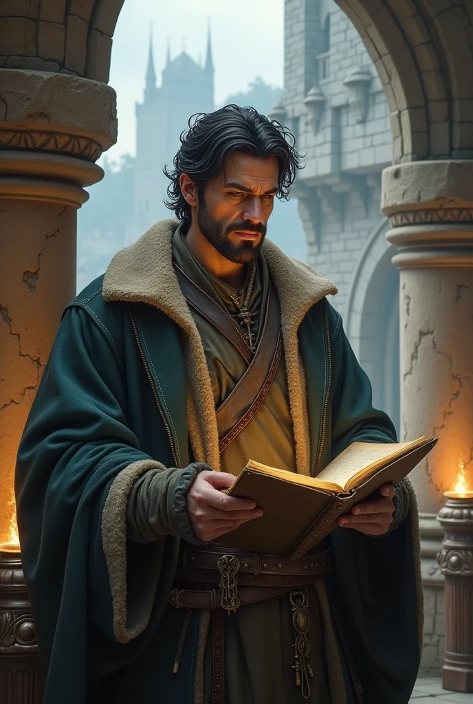30 years old man with dark hair, with gray eyes, with goatee, medieval scientist, fantasy, by Greg Rutkowski, by Peter Jackson, gondor