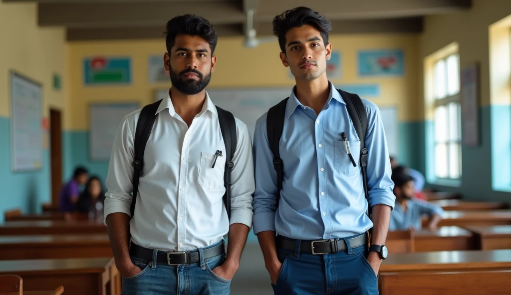 Ek engineer aur medical student sath me khade hai aur  ye dono boy hai aur class me ek hi banch per hai Indian environment real pic