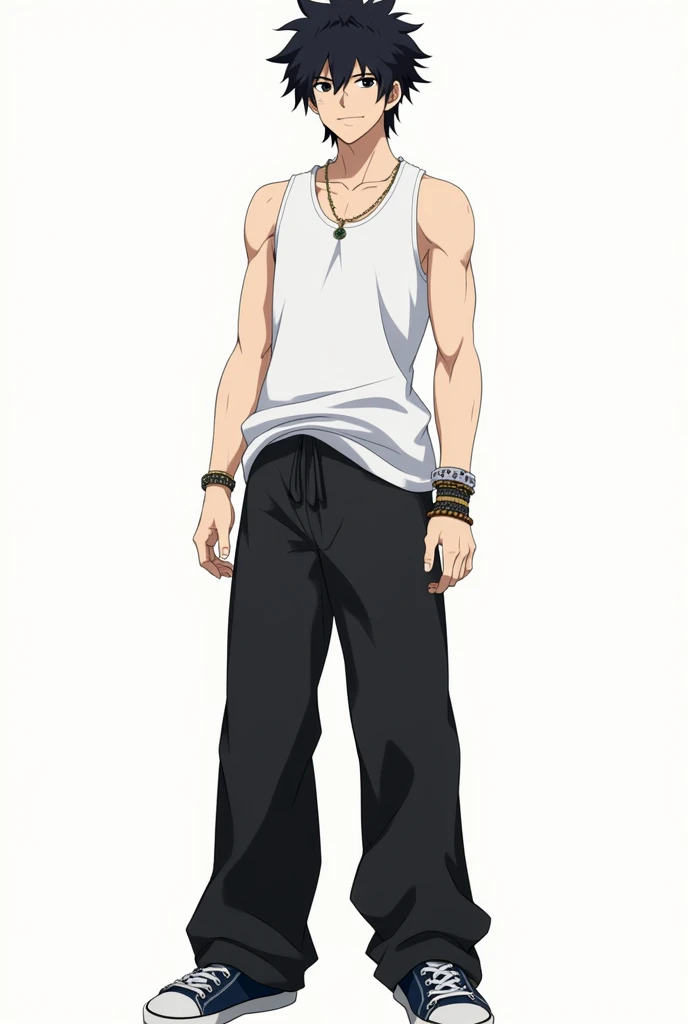 A male character from the anime "tensei shitara slime datta ken", with black hair, white tank top and black wide pants. Full-body image. white background image. he likes fossils and accessories