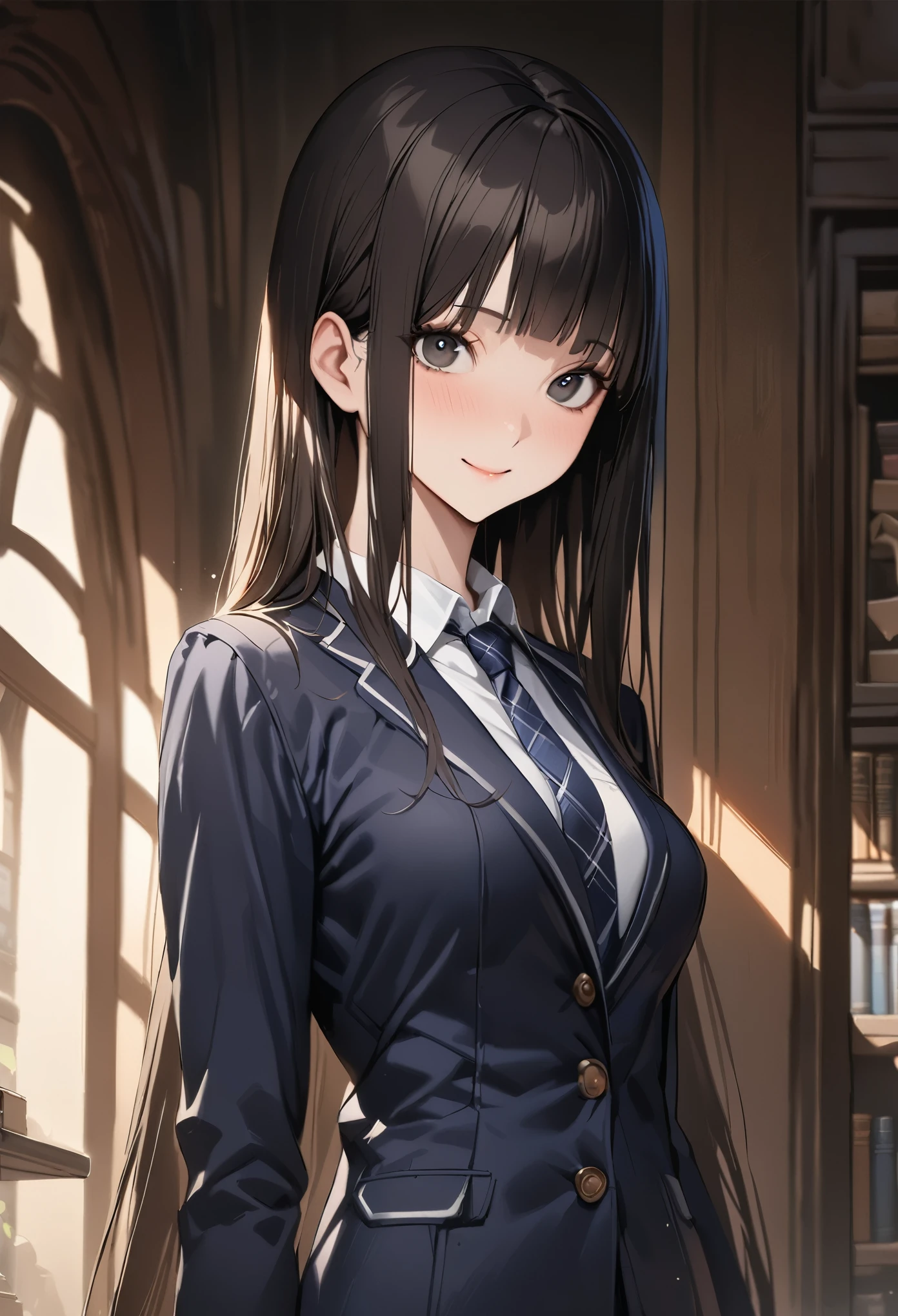 Fantasy art、((masterpiece,best quality anime,Highest quality:1.3)),realistic,portrait,1woman,(Mature Beauty),((very small head:1.4)),((very long body:1.3)),long hair,black hair,bangs,(gorgeous big eyes),black eyes,smile,(School uniform、Dark blue blazer jacket、Navy blue tie、Dark blue plaid mini skirt),white collared shirt,((slender body:1.3,skinny:1.2)),medium breasts,standing,Old school building、Harry Potter World,