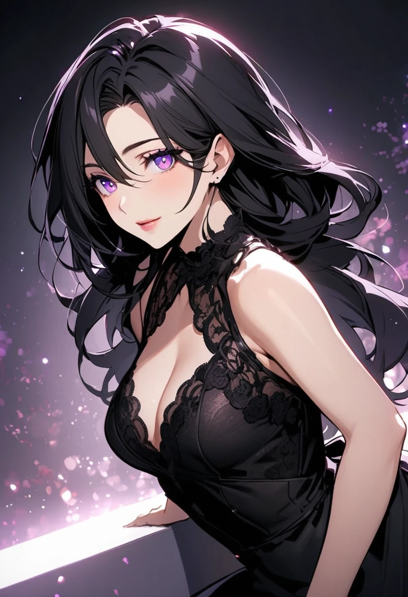 solo, mature charm, 30 years old, 1 lady, black dress, long black hair, amethyst eyes, beautiful eyes
