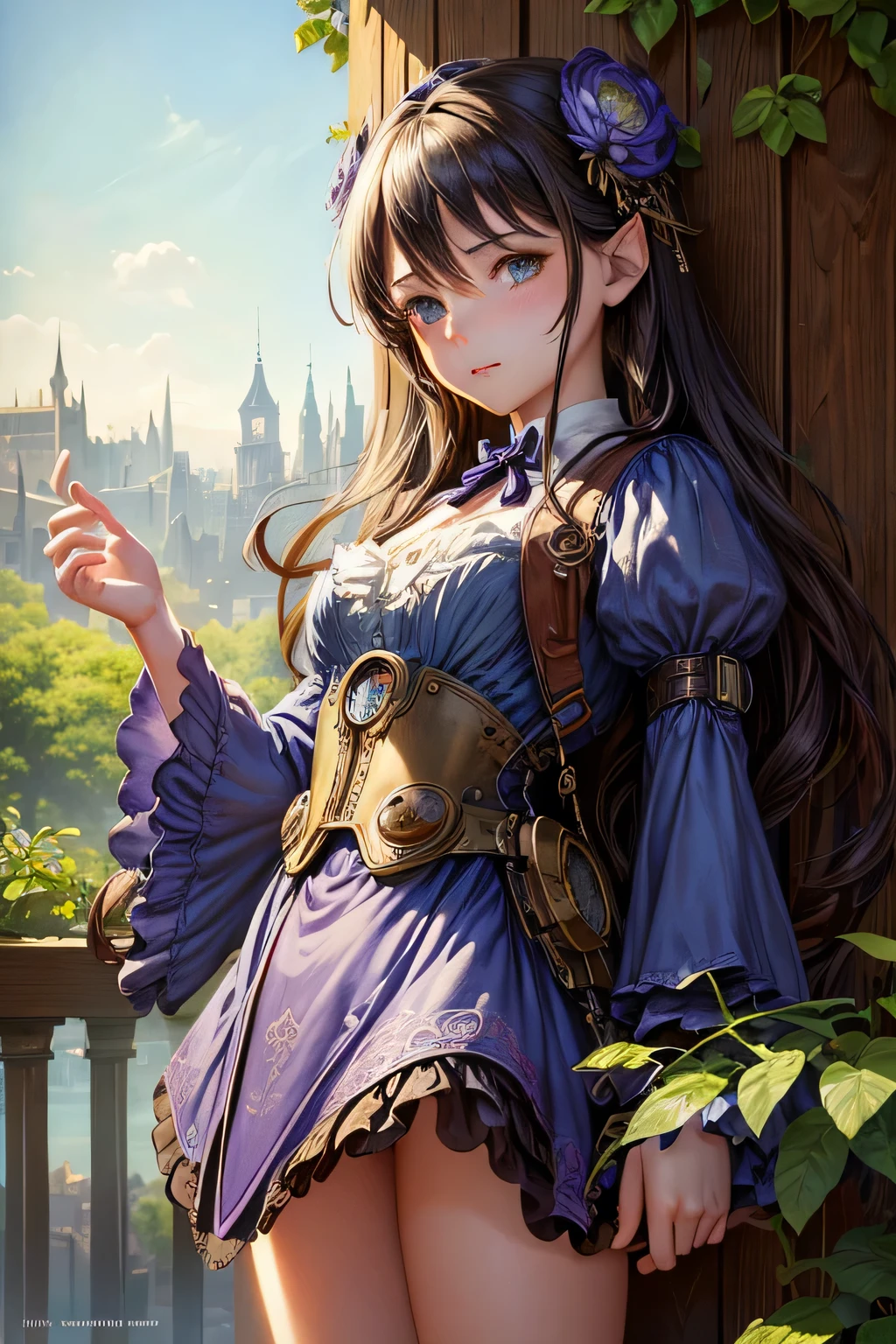 Children's book illustration, hyper detailed airbrush by pino daeni, Macro photography of a very cute, very beautiful and charming steampunk fairy with expressive eyes, perfect face, standing on a branch, cute, Shape A (short erotic steampunk fairy outfit), legs apart, looking at the viewer, holding a watch in her hands, steampunk fairy wings behind her back, outside sunny morning, sun, morning, city steampunk, conceptual art, pastel by Arthur Rackham on silk, strybk, james jean, Brian Froud , Miho Hirano, Neimy Kanani, Aykut Aydo du, ultra high quality model, perfect eyes, white-blue eyes, Rembrandt lighting style, hand negative