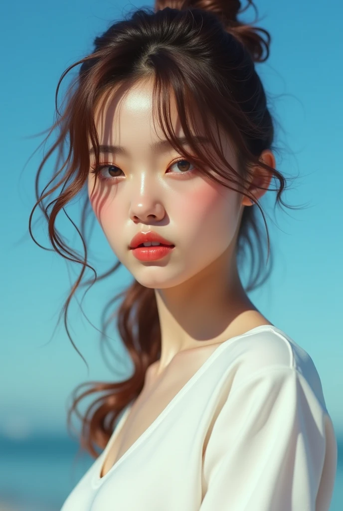 Shiny skin, luxurious look, pale red lips, cinematic style, messy hair, light tracking effect, hair covering the forehead, very natural hair, detailed depiction of the girl's face, realistic light and shadow effect, large eyes, extremely realistic face, masterpiece, blue sky in the background, blushing chestnut ponytail, perfect makeup, wearing a white short-sleeved shirt gazing at the audience, 8K ultra-HD resolution, messy hair, realistic painting, realistic depiction, double eyelids, clothing with real fabric texture, dark deep eyes, elegant facial features, blue sky in the background, cinematic style, extremely realistic skin, work of art, chestnut ponytail gazing at the audience, masterpiece