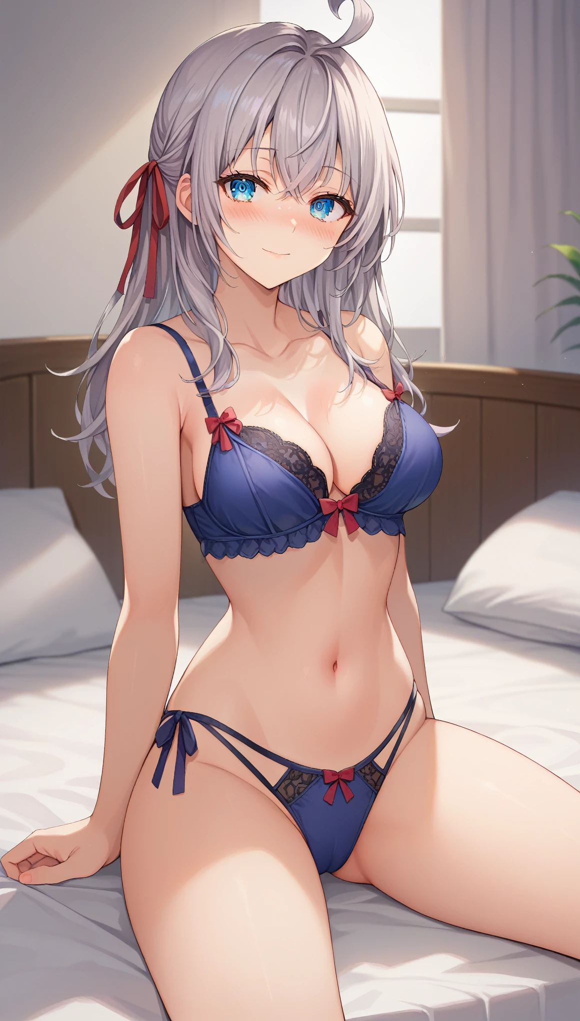 score_9, score_8_up, score_7_up, source_anime, 1girl, alya, grey hair, long hair, ahoge, hair ribbon, blue eyes, detailed eyes, pretty woman, beautiful, beautiful and perfect face, light smile, blush, solo, view at viewer, sexy lingerie, narrow waist, medium breast, spread legs, sitting on bed, bedroom, subduction, 