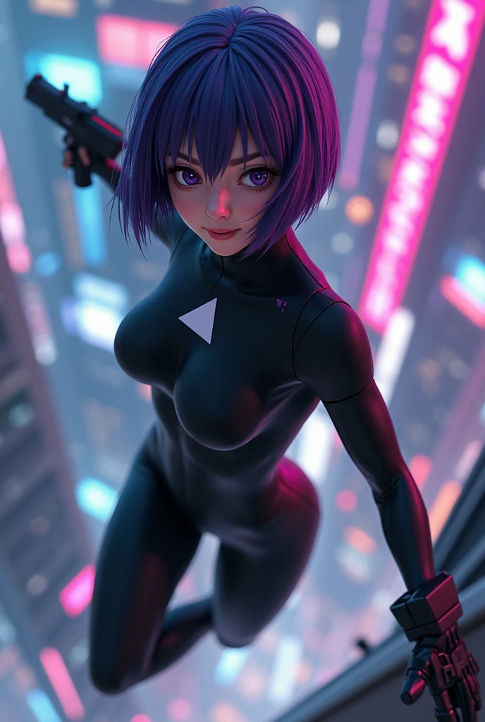 ((Ghost in the Shell Sac_Motoko Kusanagi from 2045,Ultra-high-definition Real 3D cG graphics of Kusanagi Motoko from the anime 攻殻機動隊、Motoko Kusanagi)))Purple Hair, Purple Eyes,Beautifully detailed eyes and mouth, Breathtakingly detailed and realistic skin,Beautiful hair texture and shine,Ghost in the Shell Sac_2045のMotoko Kusanagiのリアルな質感と細部へのこだわり,衣装はGhost in the Shell Sac_2045のMotoko Kusanagiの服を着ている(((She jumps off the roof of a building:1.2), (Futuristic night cityscape background) ,With her back to the building, she smiles provocatively.))).Holding a machine gun in his right hand,Machine gun sling belt on shoulder,Both arms are lowered downwards,Black Cybersuit（White double triangle mark on chest）is about to be enveloped in a transparent optical camouflage,No jacket(Optical camouflage expressed with holographic effects:1.5).Jumping vertically from the roof of a building, feet together, helplessly facing the camera, Looking into the camera, Shooting from a top-down angle Shooting from the top of a building with the camera pointing straight down,She falls while staring at the camera on top of the building))The cityscape below is lit up in green neon.,)(((She looks like an adult,Has a toned physique, A body with beautiful curves, Narrow waist, Thick thighs and round ass)), Ultra-Realistic Images, Skin and hair details, Movie Scenes, Professional Saturation,息を呑むような3DcGグラフィック.(high quality, masterpiece, 最high quality, 4K.8k.:1.5). Super detailed, Ultra-fine painting, A photo that looks like a scene from a movie, Dramatic lighting, Sharp focus, Professional Photo Resolution, 3D Rendering, Awards,Ghost in the Shell S.a.c. 2nd GIG Episode 1 Homage scene