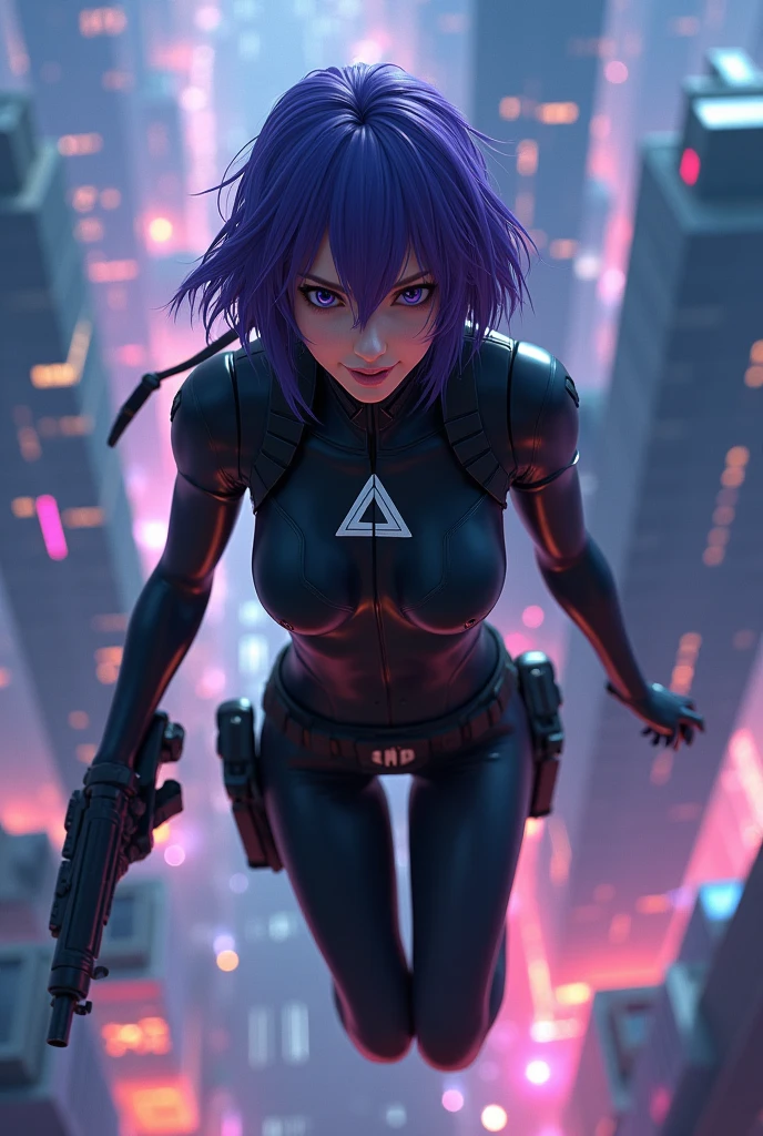 ((Ghost in the Shell Sac_Motoko Kusanagi from 2045,Ultra-high-definition Real 3D cG graphics of Kusanagi Motoko from the anime 攻殻機動隊、Motoko Kusanagi)))Purple Hair, Purple Eyes,Beautifully detailed eyes and mouth, Breathtakingly detailed and realistic skin,Beautiful hair texture and shine,Ghost in the Shell Sac_2045のMotoko Kusanagiのリアルな質感と細部へのこだわり,衣装はGhost in the Shell Sac_2045のMotoko Kusanagiの服を着ている(((She jumps off the roof of a building:1.2), (Futuristic night cityscape background) ,With her back to the building, she smiles provocatively.))).Holding a machine gun in his right hand,Machine gun sling belt on shoulder,Both arms are lowered downwards,Black Cybersuit(White double triangle mark on chest)is about to be enveloped in a transparent optical camouflage,No jacket(Optical camouflage expressed with holographic effects:1.5).Jumping vertically from the roof of a building, feet together, helplessly facing the camera, Looking into the camera, Shooting from a top-down angle Shooting from the top of a building with the camera pointing straight down,She falls while staring at the camera on top of the building))The cityscape below is lit up in green neon.,)(((She looks like an adult,Has a toned physique, A body with beautiful curves, Narrow waist, Thick thighs and round ass)), Ultra-Realistic Images, Skin and hair details, Movie Scenes, Professional Saturation,息を呑むような3DcGグラフィック.(high quality, masterpiece, 最high quality, 4K.8k.:1.5). Super detailed, Ultra-fine painting, A photo that looks like a scene from a movie, Dramatic lighting, Sharp focus, Professional Photo Resolution, 3D Rendering, Awards,Ghost in the Shell S.a.c. 2nd GIG Episode 1 Homage scene