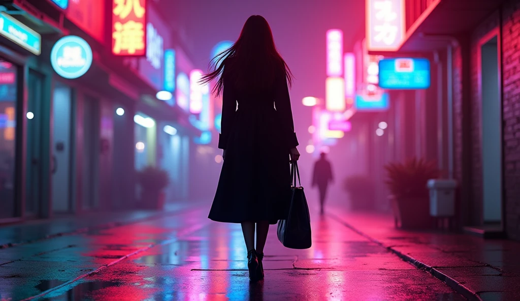 (masterpiece, best quality:1.2), (dark environment, vibrant neon lights:1.3), (woman walking towards light, silhouette glowing with colors:1.3), (straight long hair, black or dark brown:1.2), (hair lightly swaying, reflecting neon lights:1.2), (long coat, black or dark gray:1.3), (knee-length coat, dramatic movement:1.2), (black slim pants:1.1), (heeled boots, black or dark brown:1.2), (large bag, held in one hand:1.2), (minimal jewelry, subtle earrings:1.1), (neon glow, colorful lighting:1.3), (8K, ultra-detailed, hyper-detailed, RAW photo quality, Unreal Engine rendering:1.3)