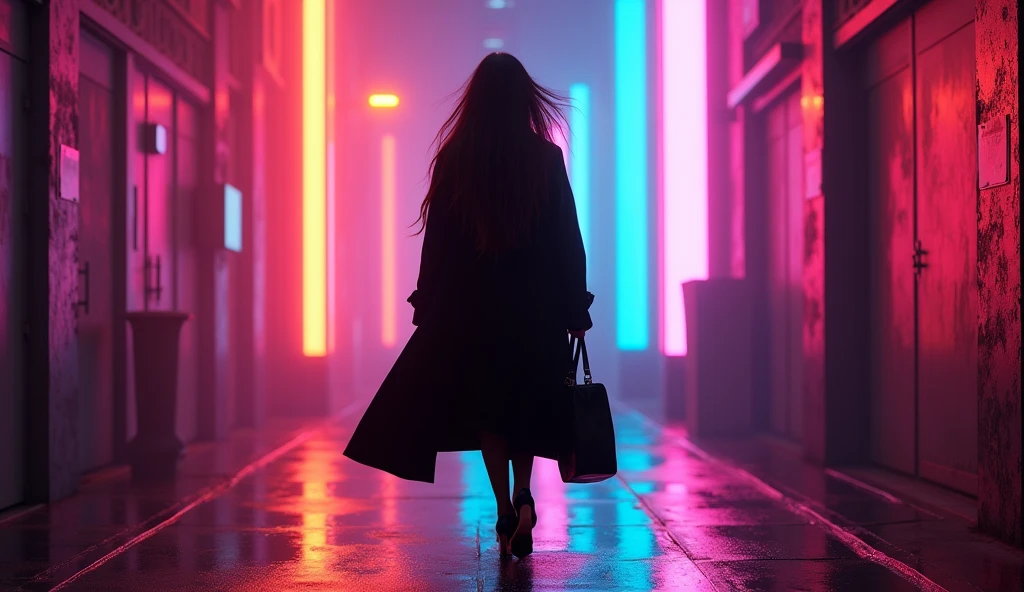 (masterpiece, best quality:1.2), (dark environment, vibrant neon lights:1.3), (woman walking towards light, silhouette glowing with colors:1.3), (straight long hair, black or dark brown:1.2), (hair lightly swaying, reflecting neon lights:1.2), (long coat, black or dark gray:1.3), (knee-length coat, dramatic movement:1.2), (black slim pants:1.1), (heeled boots, black or dark brown:1.2), (large bag, held in one hand:1.2), (minimal jewelry, subtle earrings:1.1), (neon glow, colorful lighting:1.3), (8K, ultra-detailed, hyper-detailed, RAW photo quality, Unreal Engine rendering:1.3)