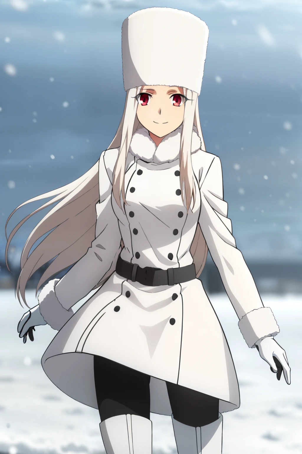 Irisviel Von Einzbern, full body, (large breasts), oversized breasts, long hair, (platinum-blonde hair), white fur coat, (belt), white gloves, (black leggings), (knee-high boots), white fur hat, solo, facing the viewer, looking at the viewer, smile, closed mouth, (sunny weather), (snow)