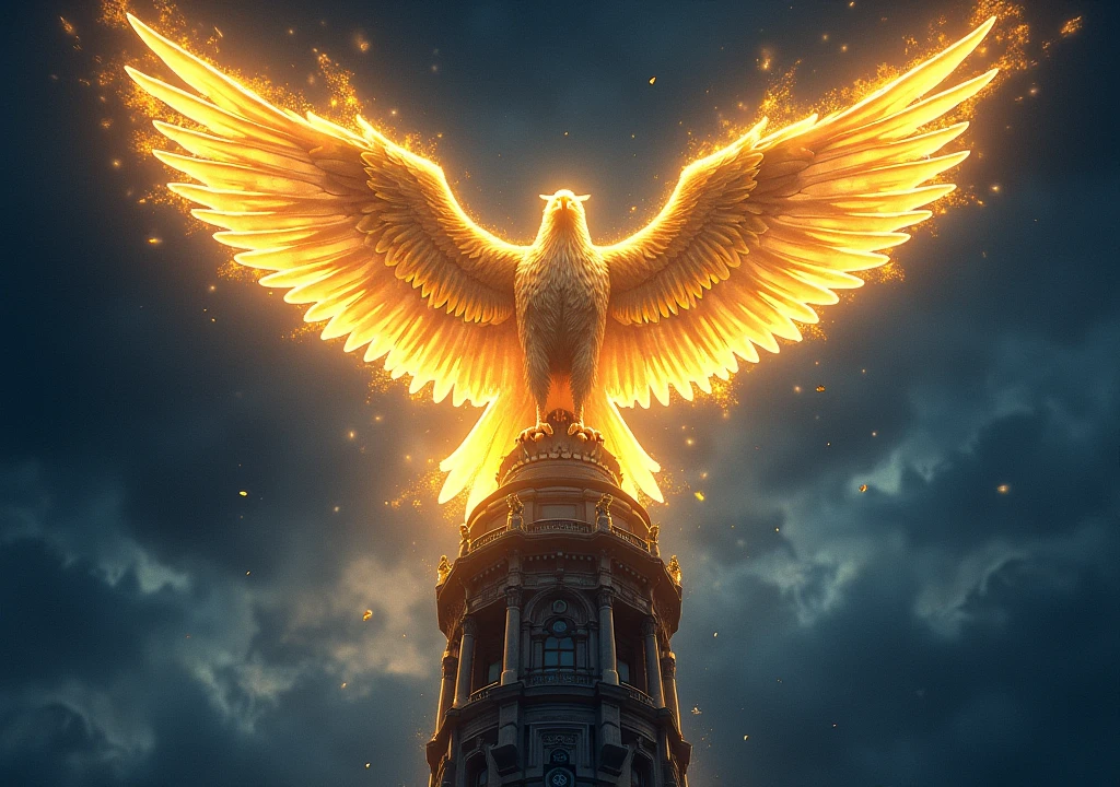 A golden feathered eagle emanating radiant lights around the scene on a tower, in the scene where the golden feathered eagle is, it's night, I want the image to have vibrant and very striking colors, comic book style