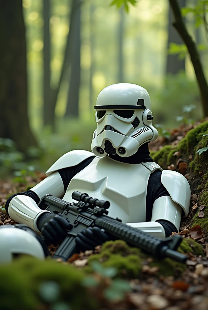 (((グレーのPigeon woman))), Dirty Star Wars「Stormtrooper」の白いアーマーを着たPigeon womanがエンドアの森で木に寄りかかって休んでいる。Stormtrooperのヘルメットが地面に落ちている彼女のそばにあり、E-11 Blaster on the ground。(((Pigeon woman)))、Muscular body、far and near method、Wide Shot、18mm、Depth of written boundary、colorful、Highest quality、4K、Daylight