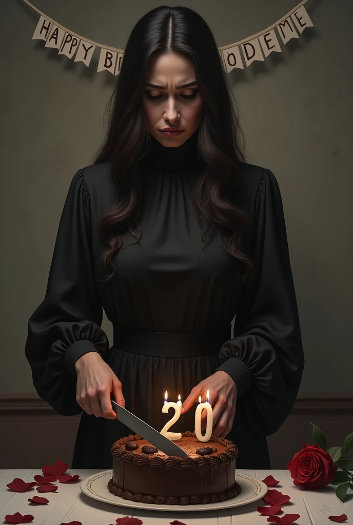 The beautiful women cut she's birthday chocolate cake alone ( use knife ) on the cake 20 latter number candle and she face full sadness. and she's waring black frock with full sleeve and covered nack dress and long hair and his tablein one rose and happy birthday to me banner on she's back wall