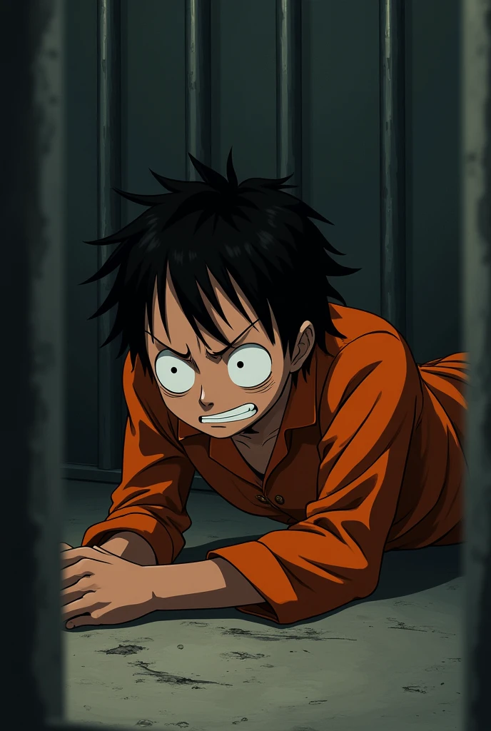 Monkey D. Luffy in an orange long-sleeved prison uniform with teary eyes inside a jail lying on the floor