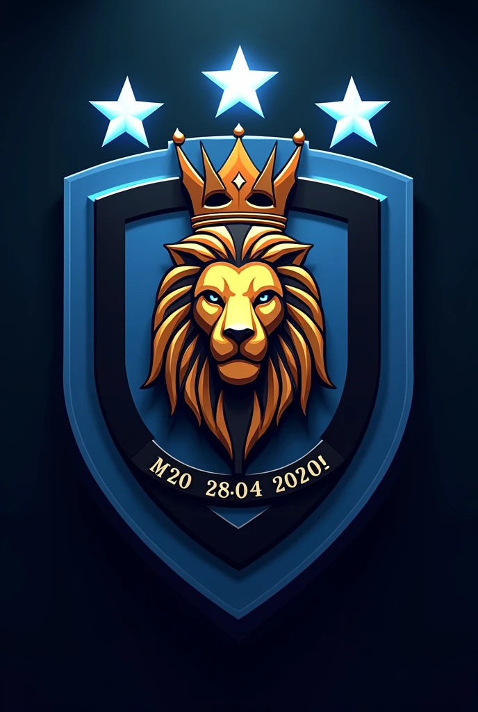 Create a team shield with the name Inter de Melo,put the date of foundation 28/04/2024,lion with crown,3 stars,blue and black