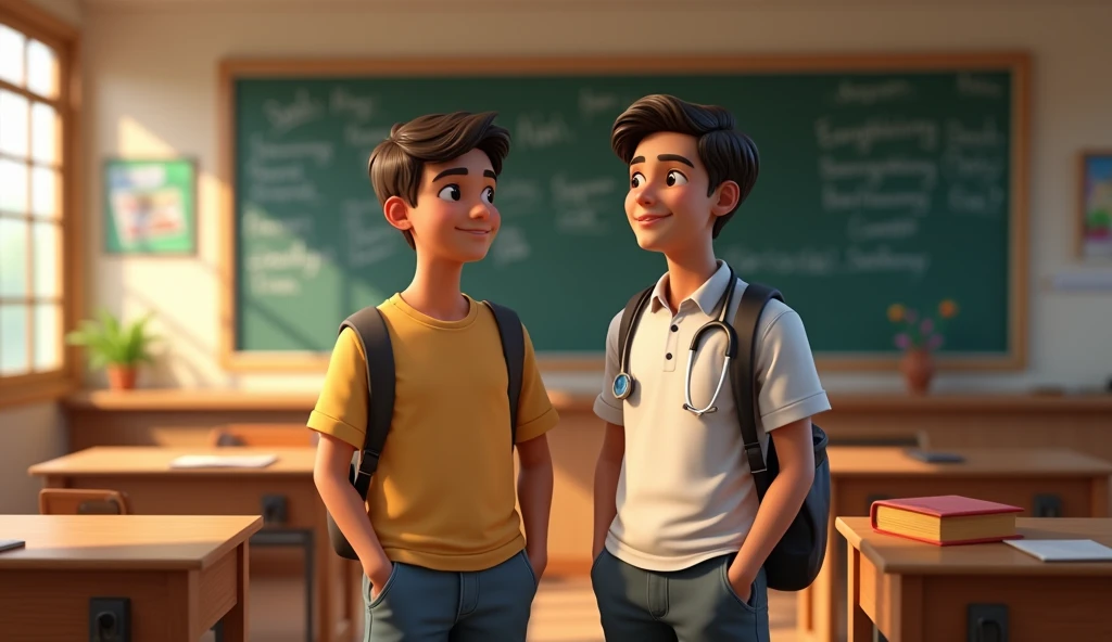 Create a realistic scene of two boys standing together in an Indian classroom environment. One is an engineering student, and the other is a medical student. They are both standing next to each other, facing forward. Behind them is a wooden bench where they both were sitting. The classroom has typical Indian features, like wooden desks, a blackboard with chalk writings, and educational posters on the walls. The students are dressed appropriately for their fields—one wearing a simple shirt with a bag on his shoulder, and the other with a stethoscope around his neck. The atmosphere is warm with natural sunlight coming through the windows