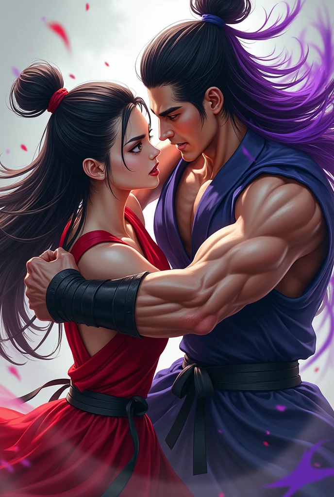 a beautiful woman with black straight hair with red strands passionately fight in sparring a man with a head higher than her, a warrior, with black hair with violet strands, they are both beautiful without beard 