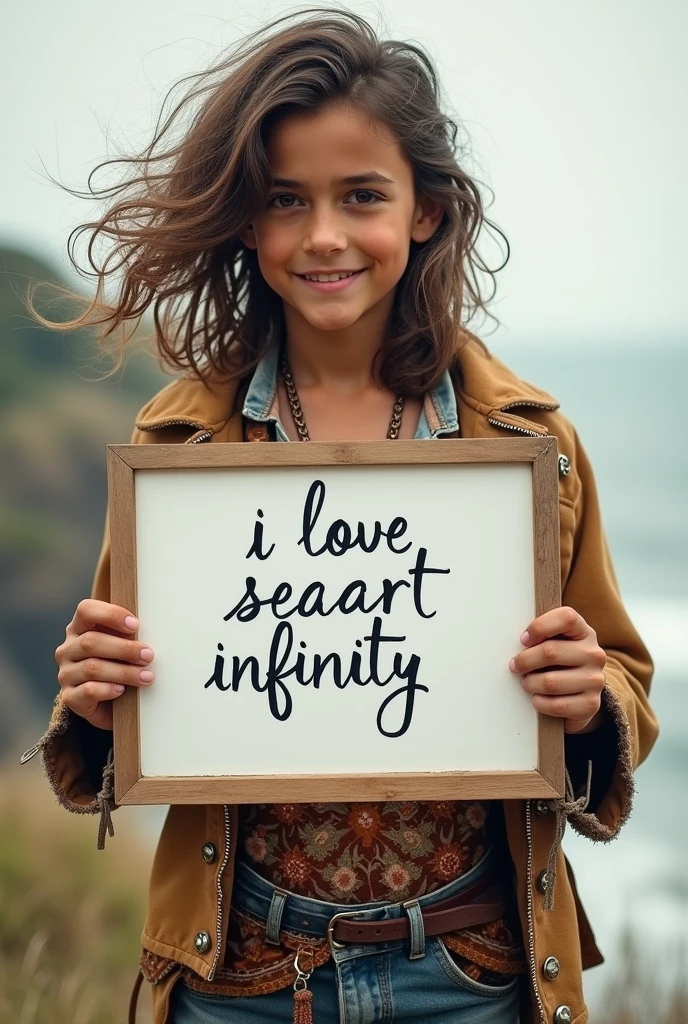 Handsome boy 
with wavy long hair, bohemian dress, holding a white board with text "I Love Seaart Infinity" and showing it to the viewer