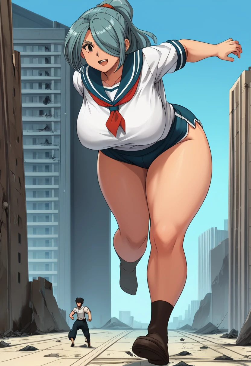 ultra-detailed, Beautiful breasts, retro anime style, front view, dynamic effect, dynamic shot, 

athletic curvy physique, inverted body type, attractive feminine curves, big breasts, curvy legs and arms, feminine curvy figure, (thick thighs, thick calves, thick voluptuous legs, big curvy hip, bare knees), ((style of plump voluptuous body)), 

over-the-calf socks, navy track short, white sailor uniform, white short-sleeved sailor shirt, 
light blue high ponytail hair, one eye covered with bangs, 

1 beautiful giant boy, looking down with gallant smile, (running with destroying buildings, leaning forward, stepping forward, put one foot forward), rampage, destroying city, destroying buildings, corrupted buildings, running with rolling rubble dust up, crushing building with his hand, crushing one small man with his foot, scattered rubble around his steps, 

building size, nathan, 