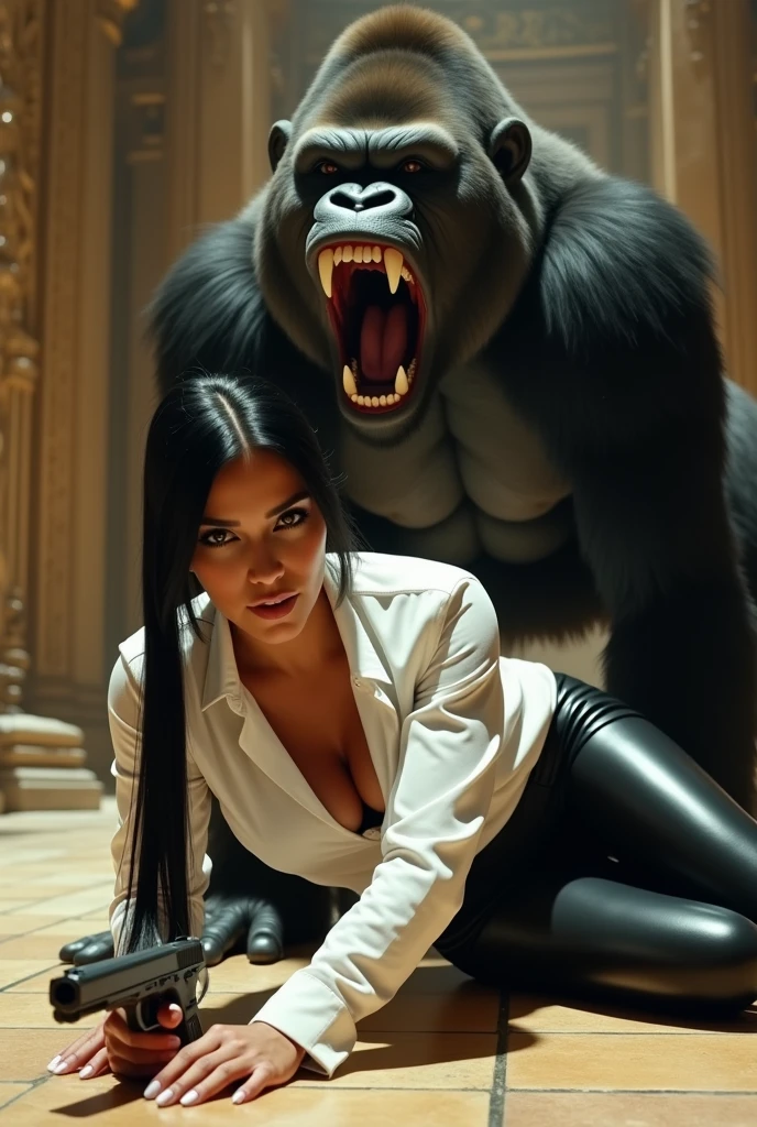 Kim Kardashian with long straight black hair in a ponytail in a white shirt with buttons with sleeves and not belly-free, generous cleavage,in very tight black leather pants , she aims a gun at someone, in a temple, Behind her a gorilla attacks her with an open mouth and sharp teeth , the gorilla swings a fist at her