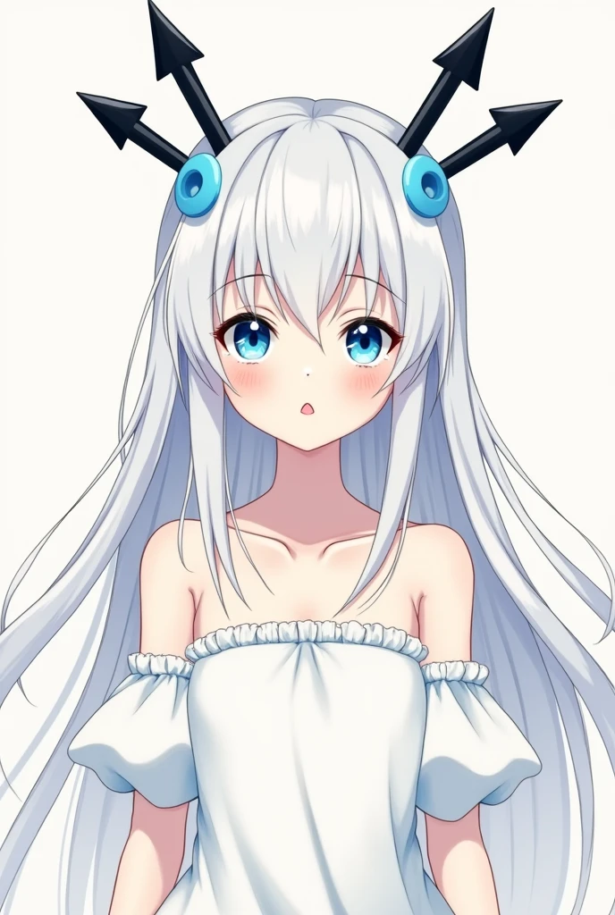 A Japanese anime style girl with long white hair,Hairstyle is M-shaped bangs,There are two black head ornaments on the top of her head that resemble upward arrows.,There is a blue round bead in the middle of each headdress.,Has blue eyes,Wearing a short white dress