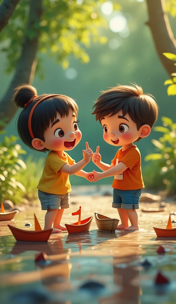 The boy Pablo invited her to join the girl Lucia, and together they made more ships, Filling the puddle with small boats.