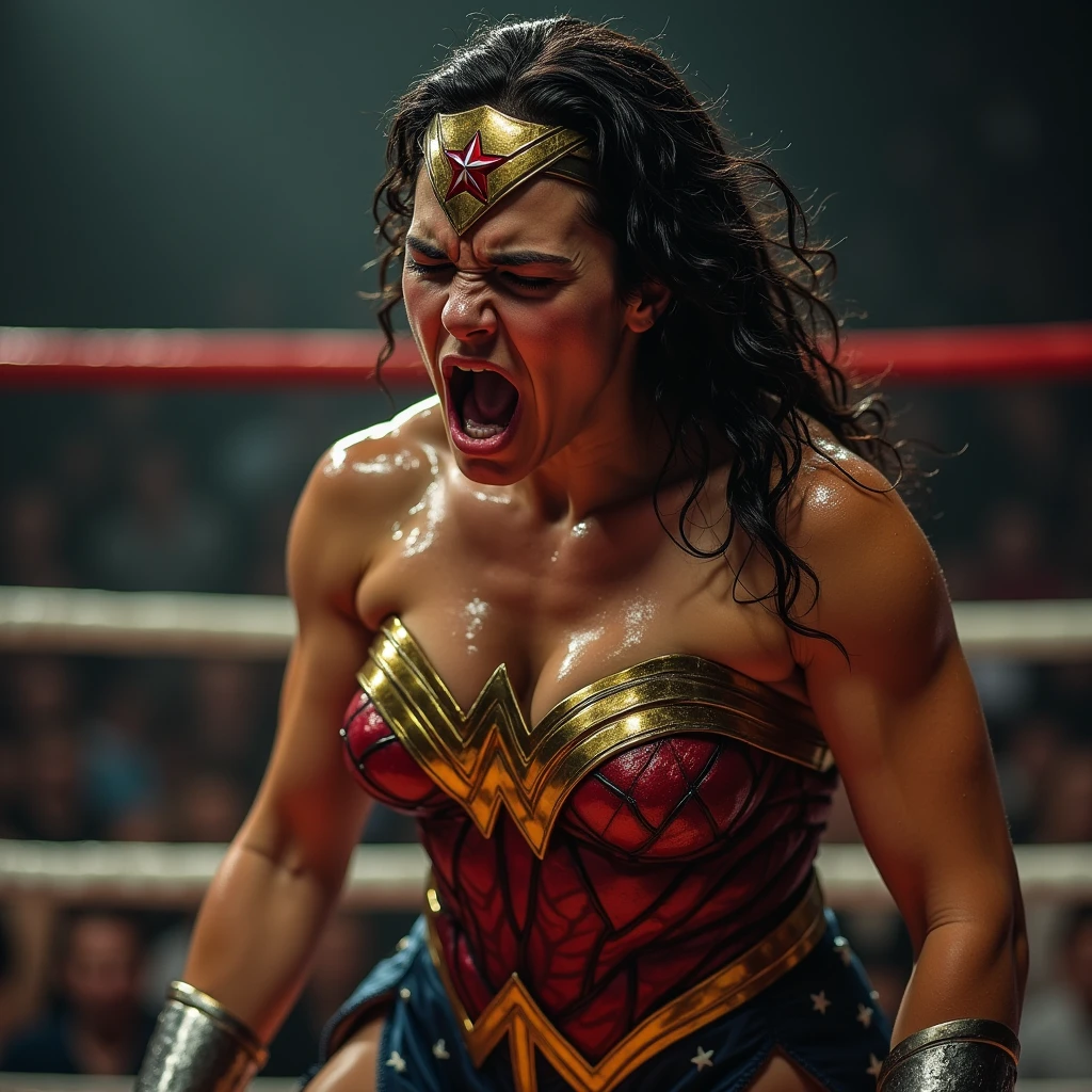 (sweaty)(muscular)A very sweaty Wonder Woman is vomiting in the ring, she spits out lot of visible saliva repeatedly. Lot and Lot of visible saliva continously dropping from her mouth to the floor. There is lot of sweat on her muscular body. She's coughing and breathing hard.