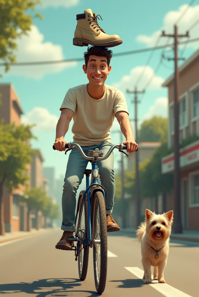 Create an image in which a man take a shoes on his head and riding cycle and at the back seat stand a small dog(side view) not rear