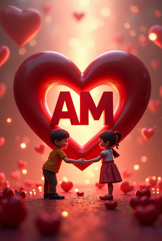Create an 3d image with a heart in front and letter ‘A, M’ written in it in capital bold with spark and fill the background with love theme and mention a boy hand shaking with a girl’s hand
