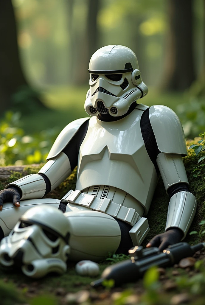 (((グレーのPigeon woman))), Dirty Star Wars「Stormtrooper」の白いアーマーを着たPigeon womanがエンドアの森で木に寄りかかって休んでいる。Stormtrooperのヘルメットが地面に落ちている彼女のそばにあり、E-11 Blaster on the ground。(((Pigeon woman)))、Muscular body、far and near method、Wide Shot、18mm、Depth of written boundary、colorful、Highest quality、4K、Daylight
