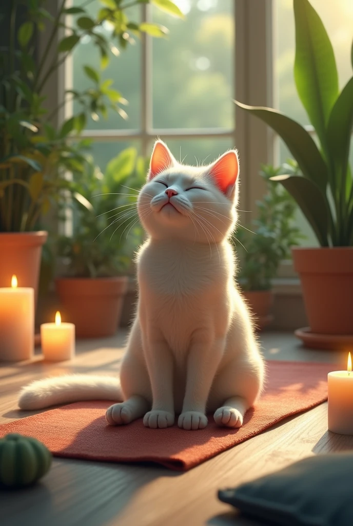 The main character, a cat, sits on a yoga mat.、Taking a deep breath and relaxing the body。There are green plants and candles in the background.、There is a relaxed atmosphere