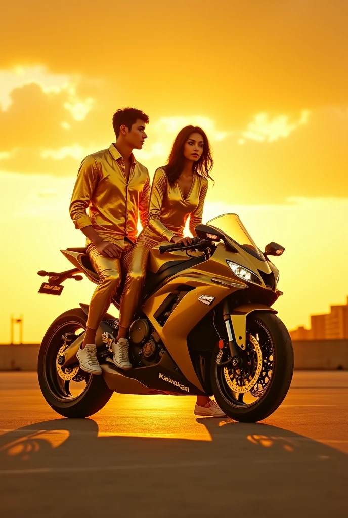 25 years boy wearing golden shirt and full pant 25 years girl wearing golden shirt and golden pant with siting in kawasaki ninja h2r bike with golden sky
