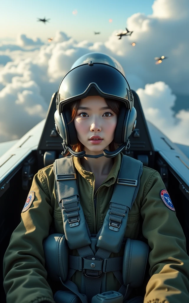 Ultra-high resolution,High-resolution details,Photo real, , (1 Korean female pilot,Super beautiful,Super white skin,Super white face), (Wearing pilot camouflage uniform,Wearing a pilot helmet), Military fighter,Female fighter pilot,Sitting in the cockpit of an airplane,Planes soar in the sky,(Showing the appearance of a fighter jet)J-20 fighter,Launching missiles,Hit the target aircraft,Big scene,Grand scene,American blockbusters,Thrilling,panorama distant view,Wide-angle lens