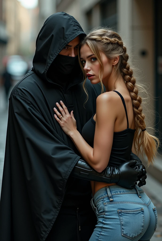 A thief wearing a mask and a black hood fights and kicks a beautiful young blonde in the stomach, with big tits, slavegirl, the long, wavy princess braids with light blue jeans, blue eyes and makeup and looks at the thief, who tries, to defend oneself..