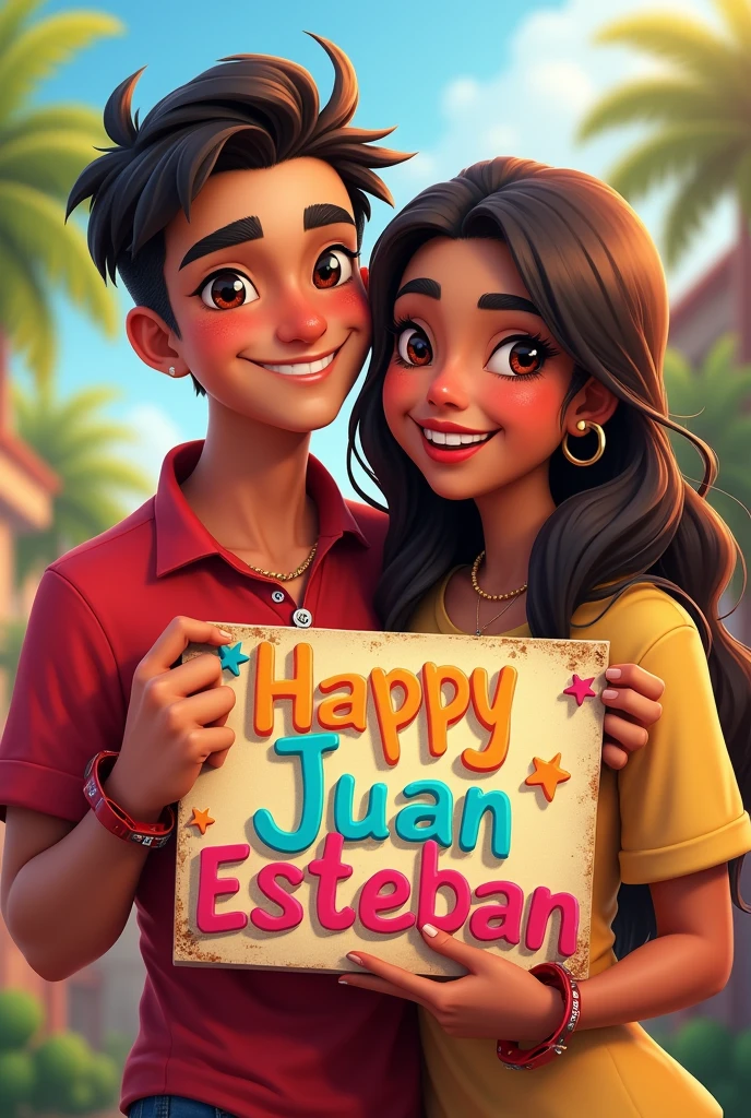 A young man with light brown skin and dark reddish brown eyes , a little muscular and short hair happy called Juan Esteban Gutiérrez Ortiz because in front of him is his friend Danna with dark skin, dark brown eyes and very long hair down to her tail (women) young man holding a sign that says "Happy birthday Juan Esteban ♡" that they look at each other's faces with joy and in the background there is a landscape that represents that joy and that they have a nice matching outfit , but they look younger and the boy is like flirtatious and with hair a little shorter And the young girl looks a little younger with a submissive face, Well, they are looking slightly at the camera here in front. , This image is perfect, I need the poster to be more colorful and happy and what it says "Happy birthday Juan Esteban" This one with degraded and very epic letter and that they look towards my first perspective, The young Juan boy is slightly muscular and with the hair on top a little shorter, They both look around , Perfect, I need the young man's hair to be shorter on the top of the man's head. I need them to be a little younger, about ., but they are holding the epic poster , I need the young man's hair to be a little shorter on the top of his head please I need this professionally , that they look over here at the camera and that the girl has braces ,I need them both to have red handcuffs, It's perfect but the young man has a nose that is a little not so perfect and looks manly. I need him to have attractive features but they shouldn't be so close because they are friends and don't forget that the most essential thing is the sign.