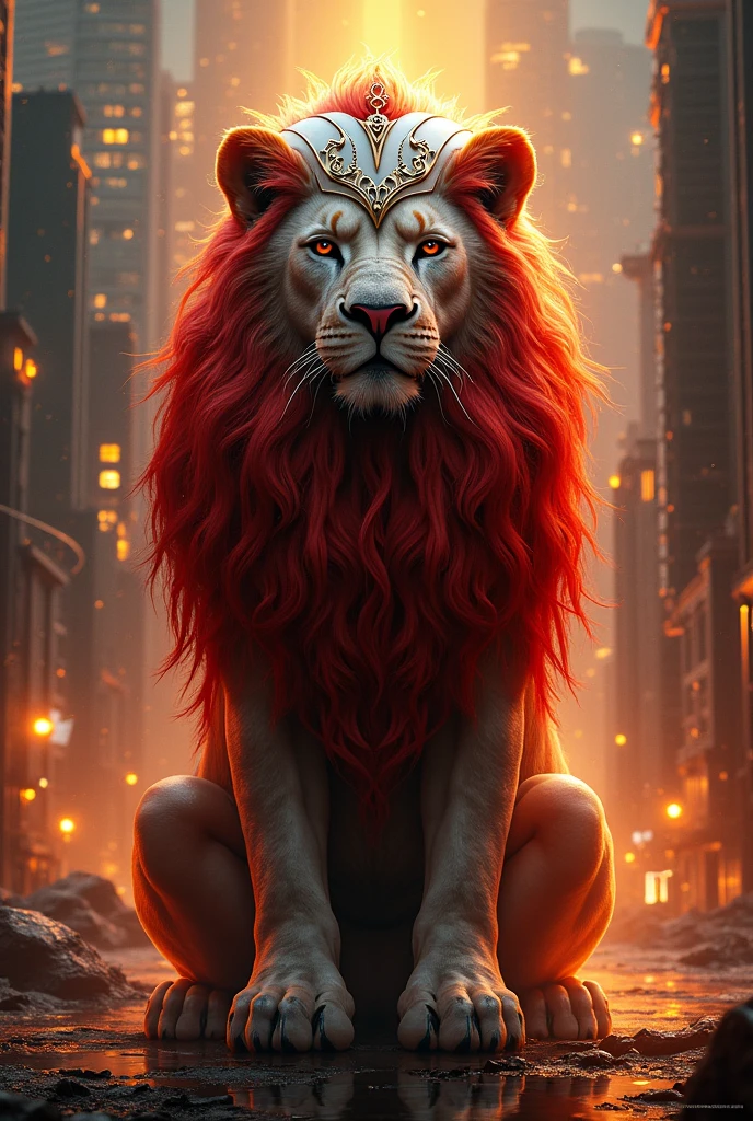 Lion with red gloshy and white helmet sitting in the city with yellow and black light 
