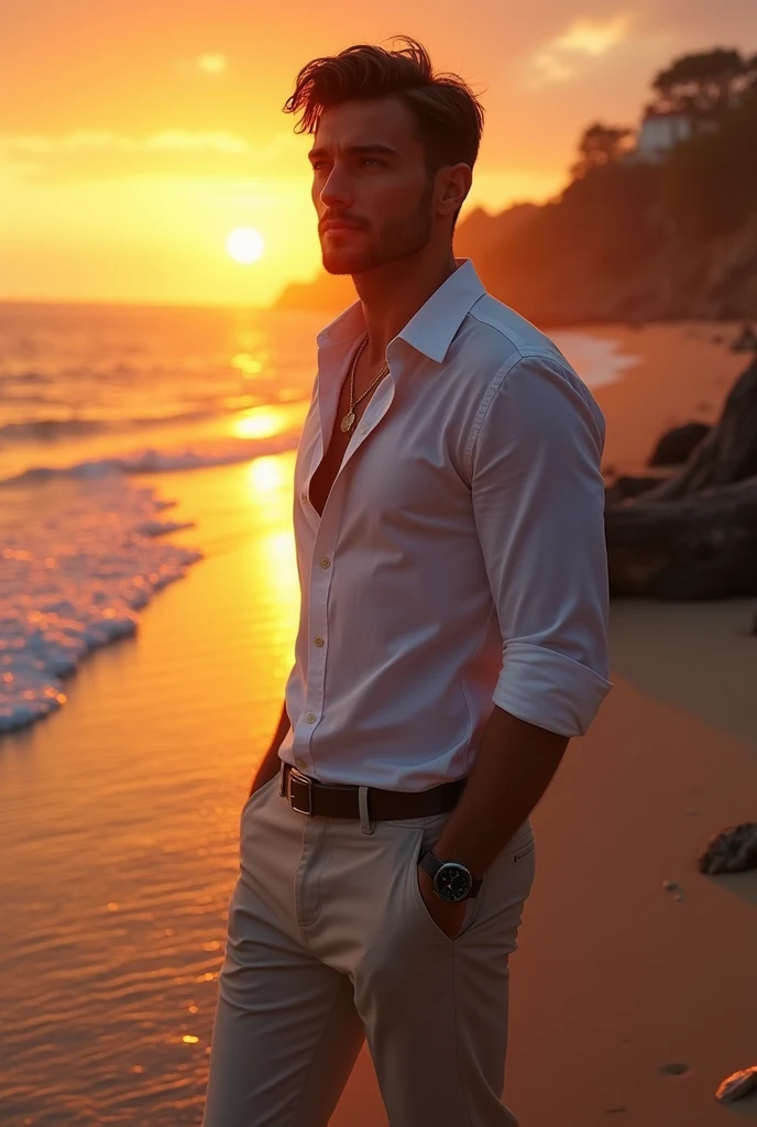 a 39-year-old white man, model type, with not too short black hair, clear eyes,, shirt branca, swim suit, watching the sunset on a beach in the Algarve