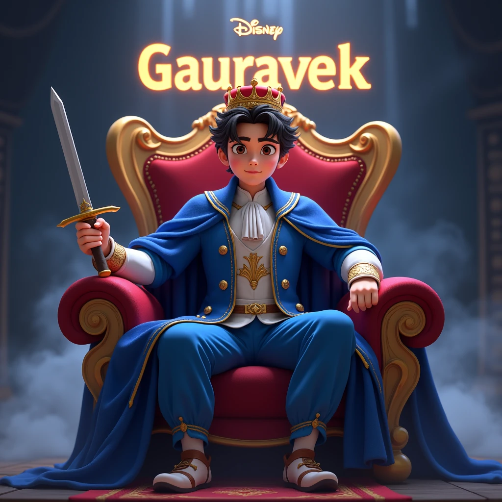 Create a disney prince animated avtar full body image where a boy wearing blue luxury prince dress and sitting on king size chair with crown 👑, he's holding a sword in his hand, there is smoke in background a shadow. Make his name visible and clear In background the name "GauravEk" bold and glowing, showing in bold reflection in shadows