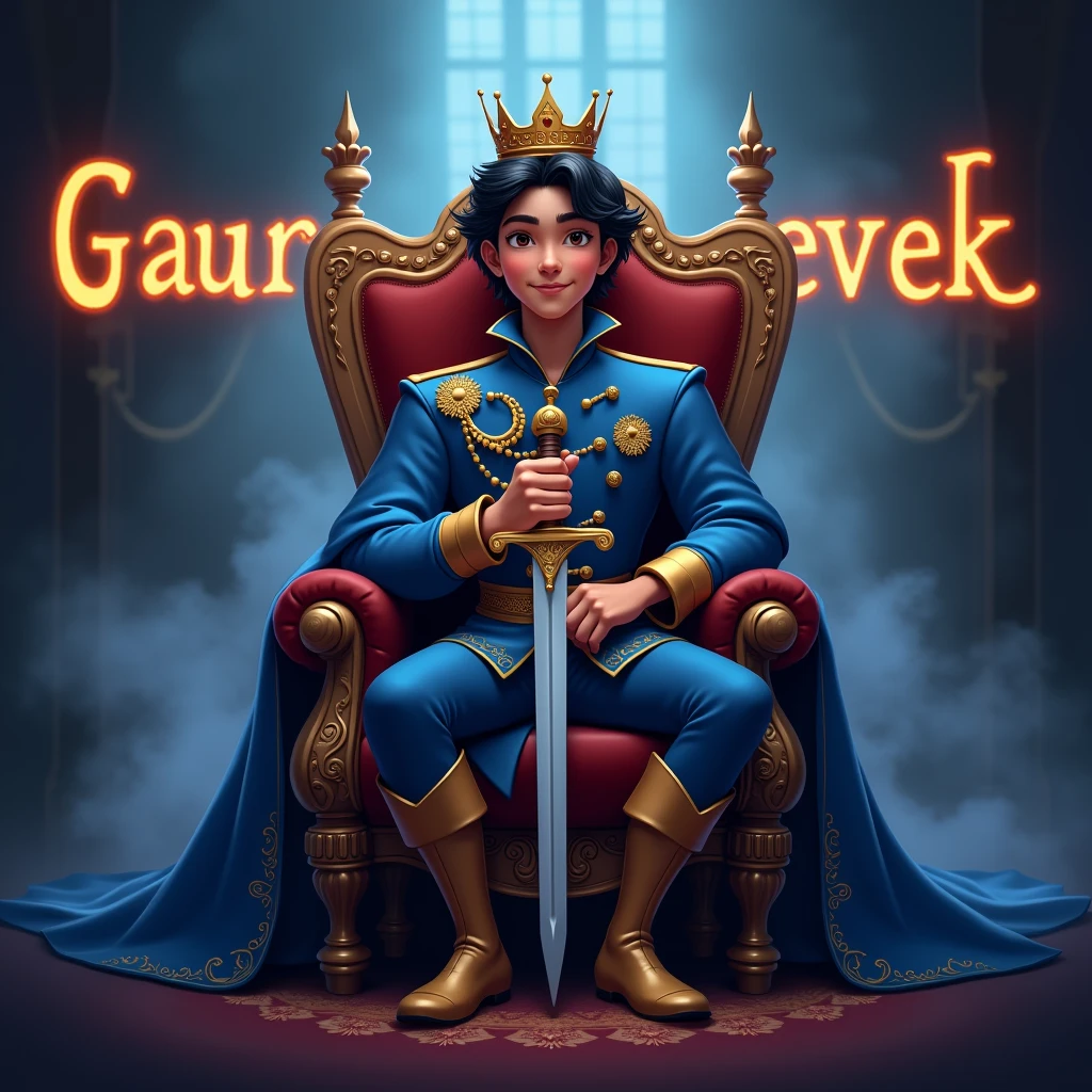 Create a disney prince animated avtar full body image where a boy wearing blue luxury prince dress and sitting on king size chair with crown 👑, he's holding a sword in his hand, there is smoke in background a shadow. Make his name visible and clear In background the name "GauravEk" bold and glowing, showing in bold reflection in shadows