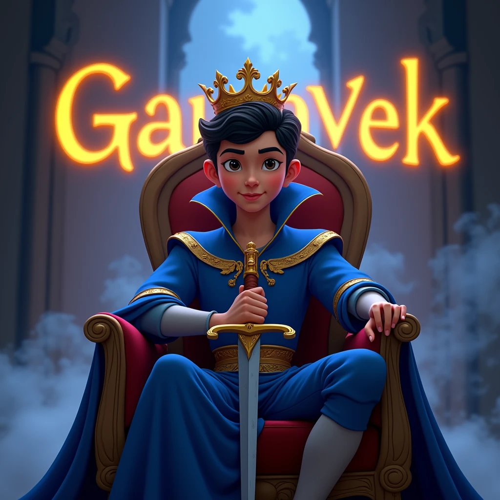Create a disney prince animated avtar full body image where a boy wearing blue luxury prince dress and sitting on king size chair with crown 👑, he's holding a sword in his hand, there is smoke in background a shadow. Make his name visible and clear In background the name "GauravEk" bold and glowing, showing in bold reflection in shadows