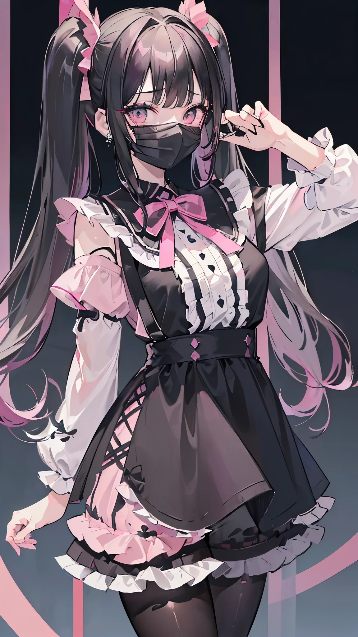 ((masterpiece、Highest quality、Very detailed))、One girl、Black Hair、Long Hair、twintails、blunt bangs、Grey Eyes、((Black surgical mask))、((lots of piercing))、Moderate breasts、((Pink ruffled blouse:1.3))、Black Ribbon、Off the shoulder、((Black suspender skirt))、((miniskirt))、((black pantyhose))、Cowboy Shot、((night))、Downtown background