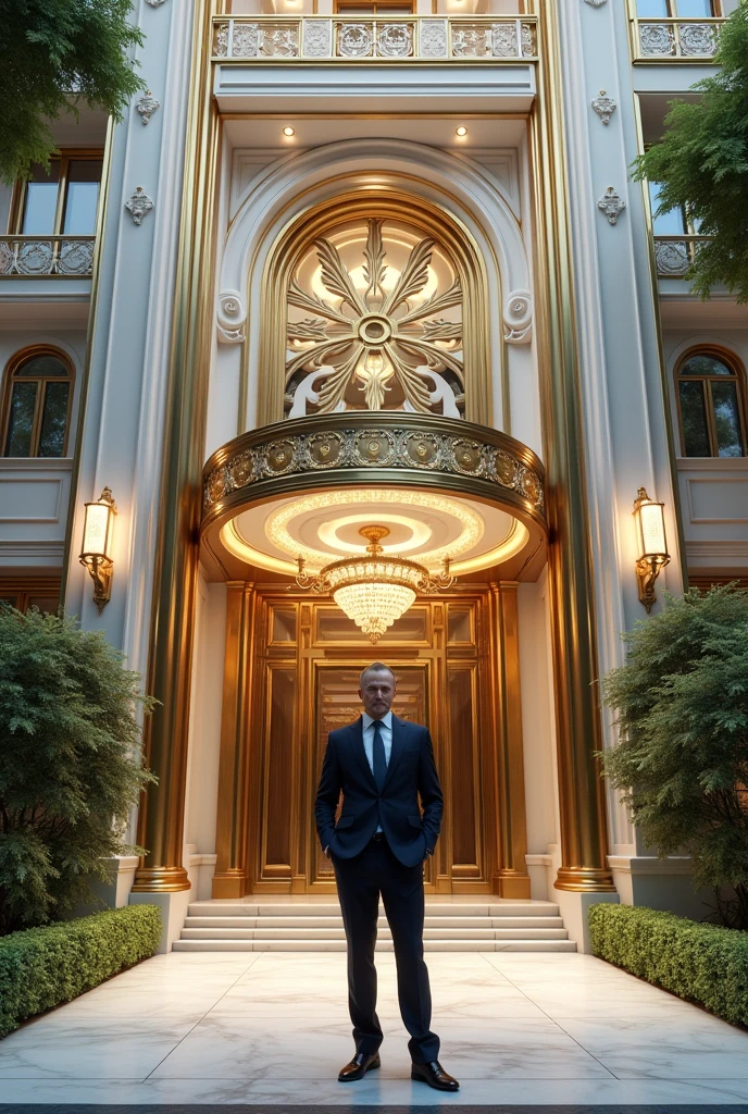 Generate a luxury hotel with lots of money and a called Hotel Manager that can be seen from the street with its title. Give it colors of silver gold and white.,  It is for the background of an application 