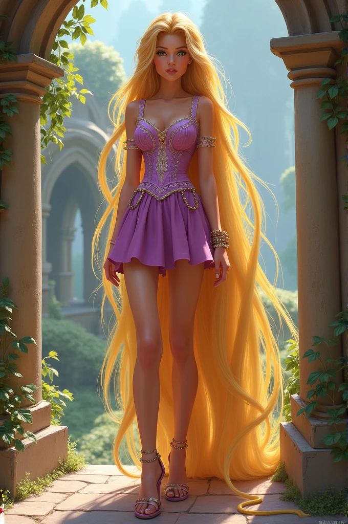 Rapunzel IA with shorts dress and high heels sandals
