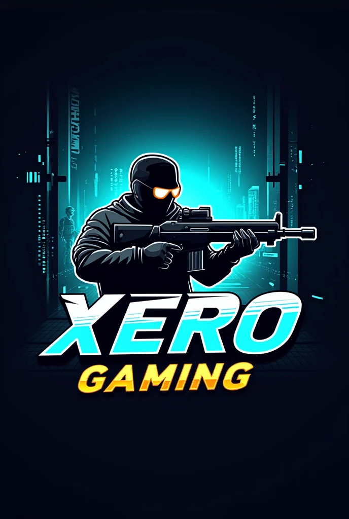**Logo Description:**
- **Central Figure:** A dynamic, stylized silhouette of a man holding an UMP (submachine gun) in the middle of the logo. The character should have a strong, confident pose, symbolizing power and focus.
- **Background:** A subtle gaming-themed background with elements like digital circuits, pixels, or a battlefield scene, with a gradient that transitions from dark to light, enhancing the figure's prominence.
- **Text:** The channel name "Xero Gaming" should be bold and modern, positioned either above or below the central figure. The font should be futuristic or tech-inspired, with a metallic or neon finish.
- **Color Scheme:** A combination of dark and vibrant colors—think black, dark blue, and electric green or red—to convey a sense of intensity and energy.
Make the character a bit cartoonic and use yelloe and e blue neon light in background