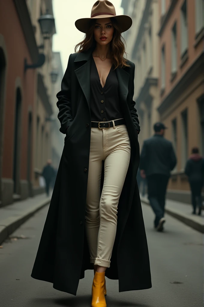 Woman in black coat brown fedora hat cream jeans and yellow ankle boots
