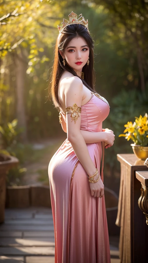 Ground view, concept art, large breasts, hips, look at viewer, sitting on ground, low ground view, shy blush face, sexual expression, 1 Indian girl, wearing Indian dress, dark red colour dress, bare shoulder,((nipple's)), hips exposed, unconcerned, NSFW, quality, in the garden, contrast, dark, little chubby,