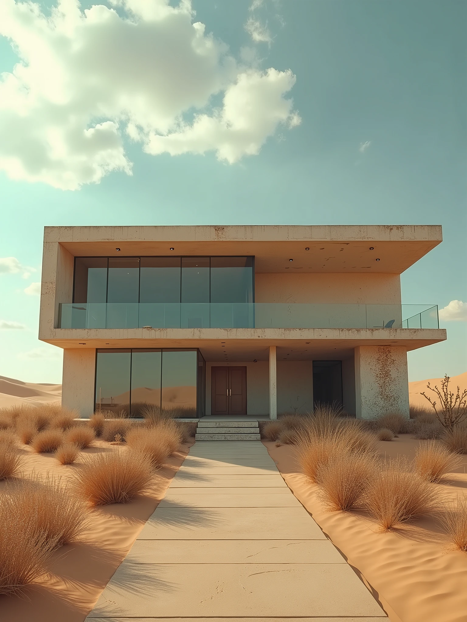 "Use this description to create a clear close-up image of the house: cinematic and realistic UHD 4K image with a 9:16 aspect ratio.  The scene depicts a beautiful house that once embodied modern architectural design with touches of elegance and luxury, but now appears abandoned and deteriorated due to the harsh desert environment and weather. The house is situated in a vast desert landscape under a partially cloudy sky. It is a two-story structure with a facade that was once clean and simple, consisting of straight lines and flat surfaces, built with materials like concrete, glass, and stone, which once gave it a modern and elegant appearance.  The main entrance, which used to feature a lit staircase leading to a grand and welcoming door, now appears deteriorated, with old, broken, or non-functional exterior lights lining the steps and surrounding garden, which has become neglected and overrun by wild plants. The large upper-floor windows, which once allowed natural light to flood into the house, are now covered in dust and possibly broken, obscuring the clear views of the outside. The surrounding concrete walls, which once provided privacy, have become eroded and crumbled in some places, adding to the abandoned character of the building.  In the background, the sand stretches over wide areas with gently rolling dunes that give the impression of an endless desert. The scene is dominated by a structure heavily affected by the elements, with its white-painted exterior walls starting to peel and fade in most areas, indicating the building's age and significant exposure to severe weather conditions. These details enhance the sense of decay and isolation, as the once-elegant house now appears engulfed by the harsh desert environment.  The sky in the image remains the most striking element, with sunlight breaking through the clouds dramatically, creating a contrast between light and shadow on the sand and evoking a sense of calm and tranquility in a scene enveloped by silence and solitude. In the far distance, the sky merges with the earth in a view that reflects solitude and natural beauty, as if this place has been forgotten by time, perfectly aligning with the deteriorated state of the house."