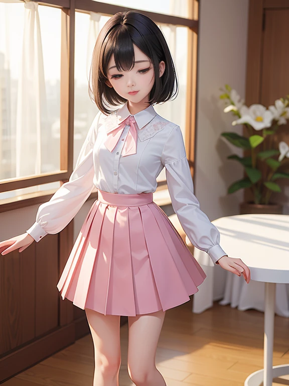 masterpiece, best quality, looking at viewer, bedroom, chubby little teen, dark brown hair and eyes, forehead, obscene, (((skirt lift up, and show pink panty))),((clothed)), cameltoe, nsfw