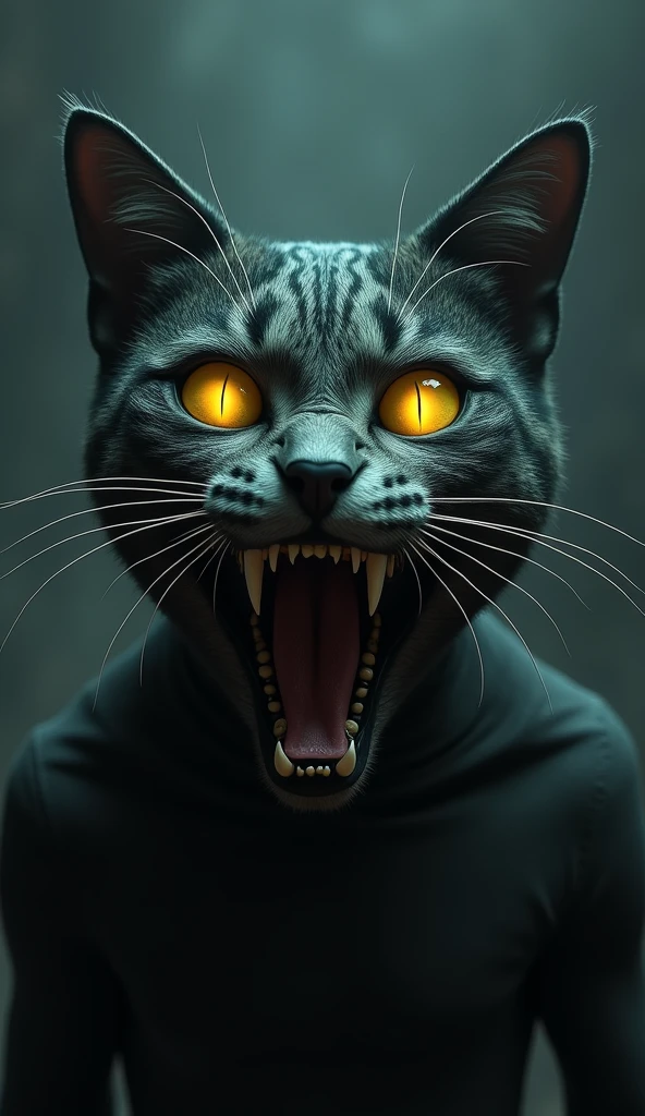 3d、Ultra HD、Front view、Horror、Digital Art、An illustration、The cat is glaring with its yellow eyes shining、Cat with mouth wide open、Human body and face is cat、The background is dark and shiny